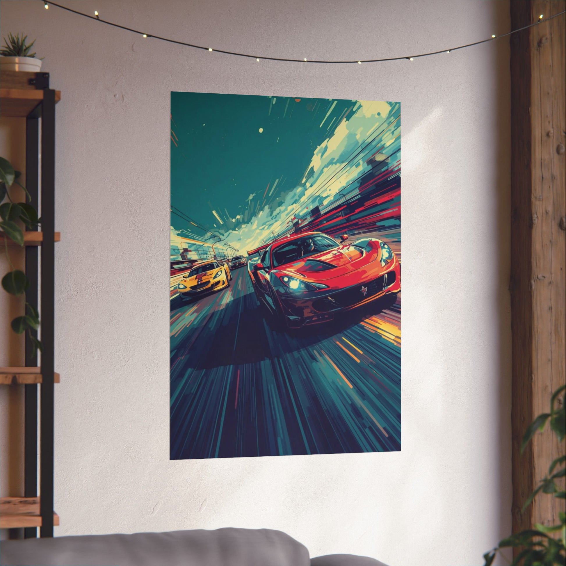 Colorful tapestry of racing cars hanging on a wall in a room with a shelf and plants.