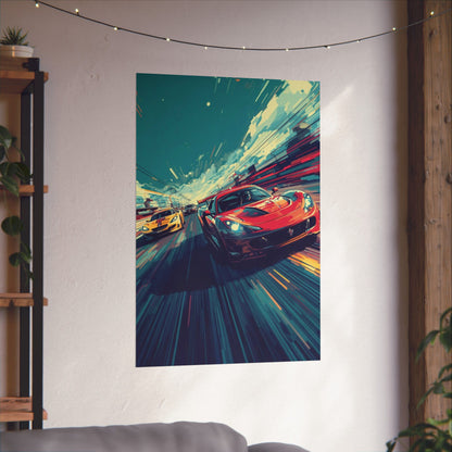 Colorful tapestry of racing cars hanging on a wall in a room with a shelf and plants.