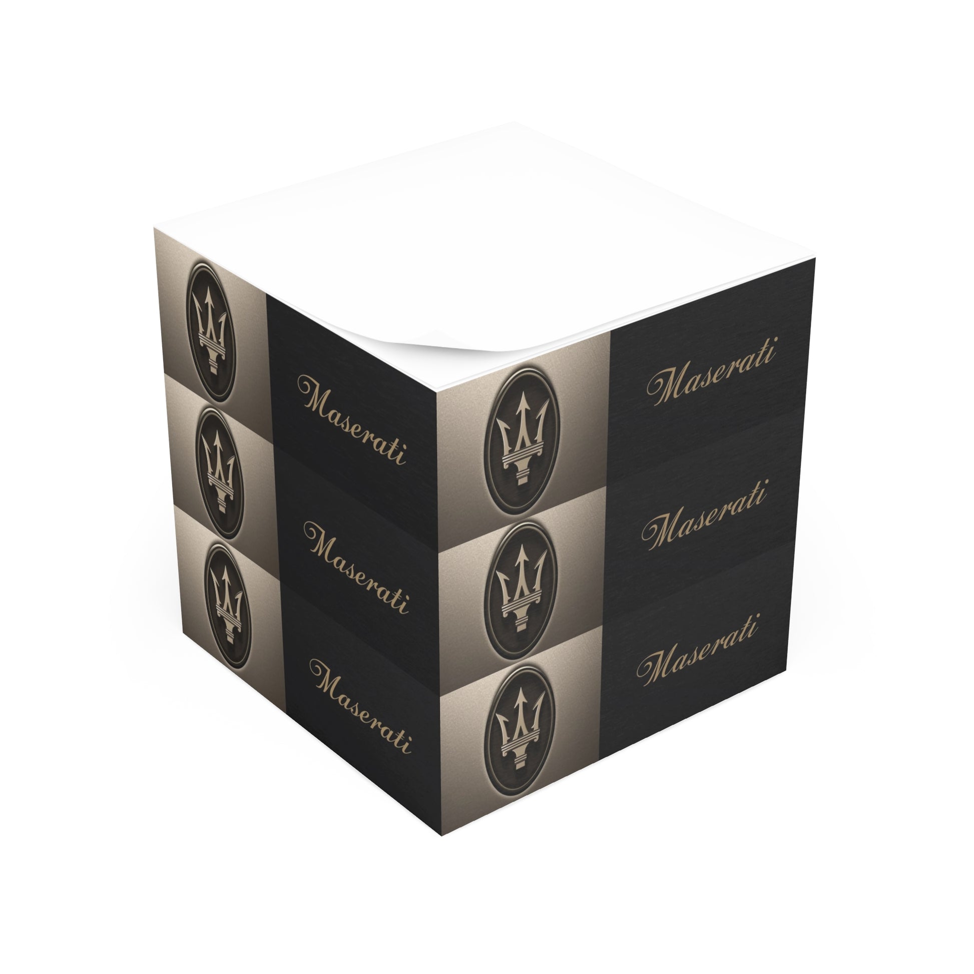 Maserati logo on the sides of a note cube