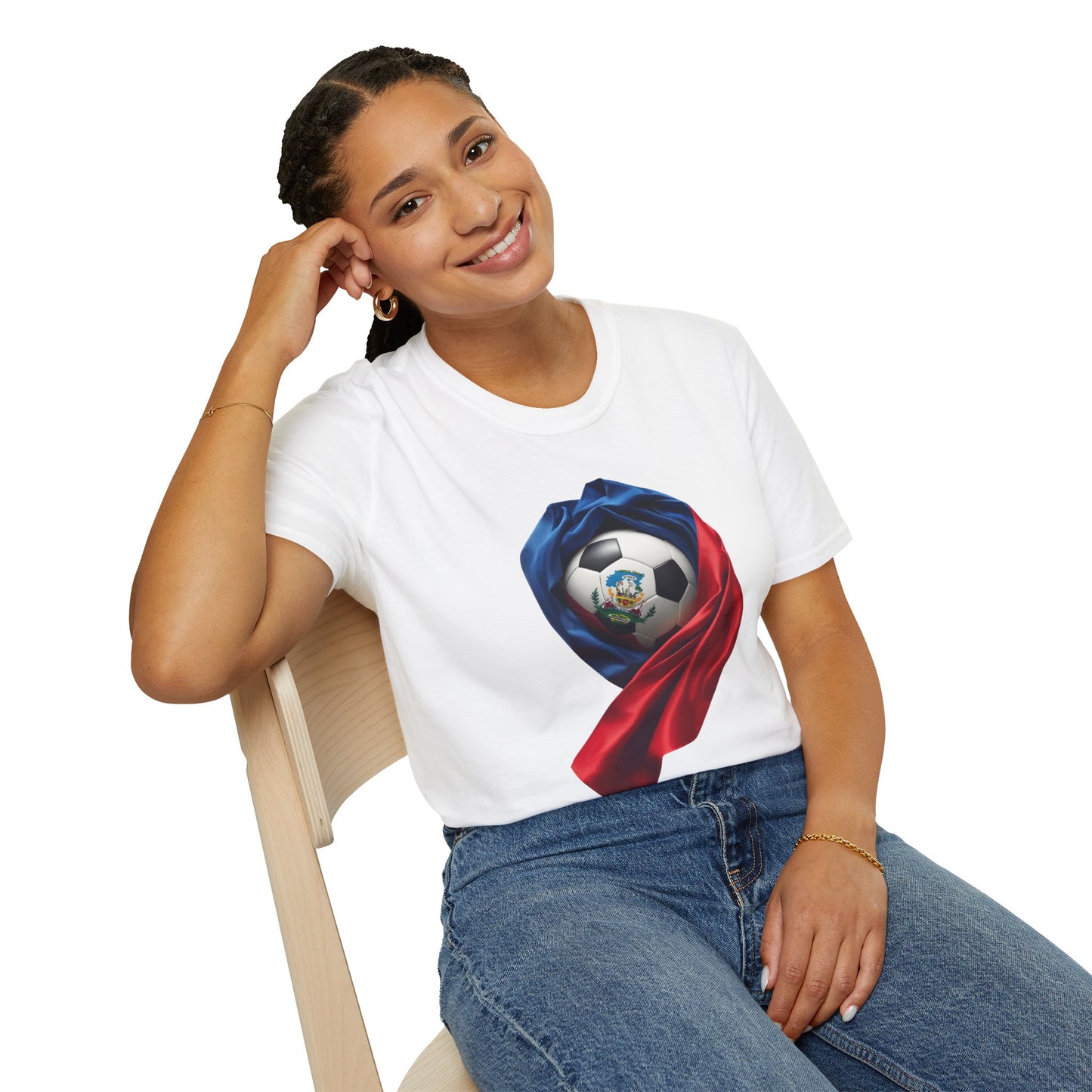 Haitian Soccer Ball T-shirt Enveloped in Flag Fabric with Coat of Arms Tee