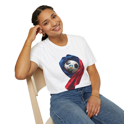 Haitian Soccer Ball T-shirt Enveloped in Flag Fabric with Coat of Arms Tee