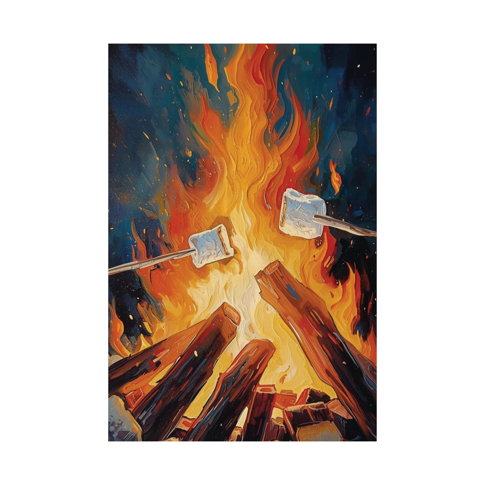 Two marshmallows roasting over a campfire with a dark sky background