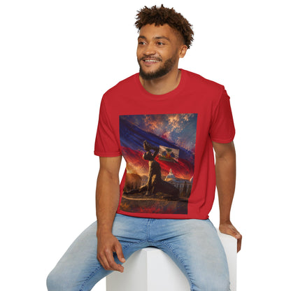 Haitian "Marron Inconnu" Sculpture T-Shirt — Spirit of Freedom & Flag Fan Tee