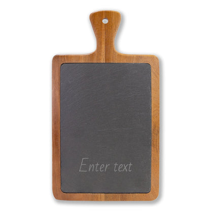 Chopping board with slate surface and wooden handle on a white background