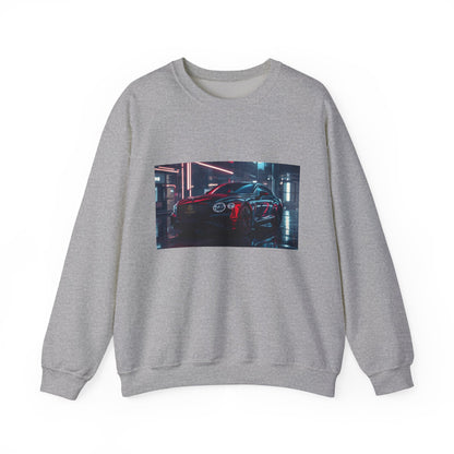 Gray sweatshirt with a graphic of a car in a garage on a white background