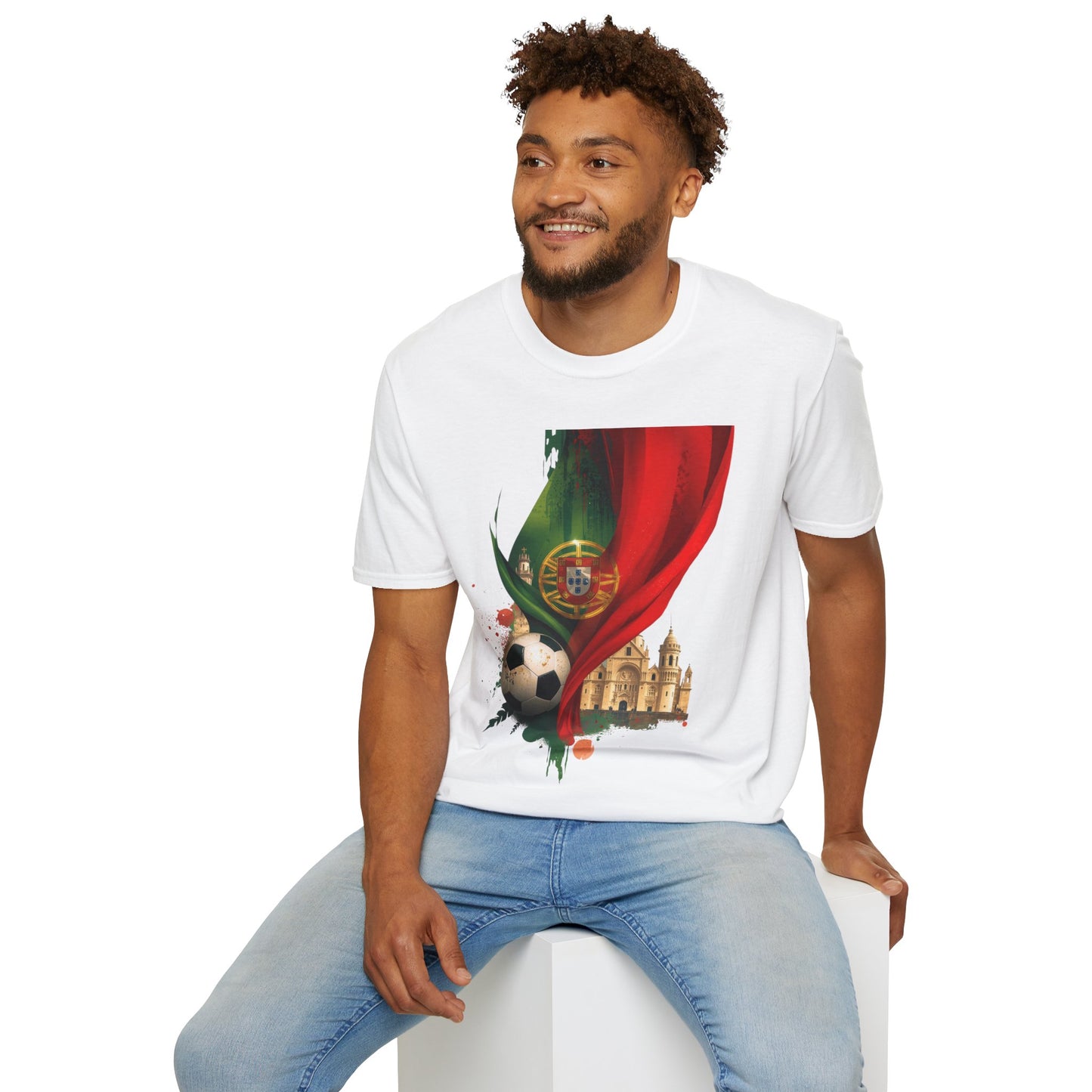 Portugal Flag Soccer T-Shirt — Portuguese Football Fan Tee with Lisbon Landmark
