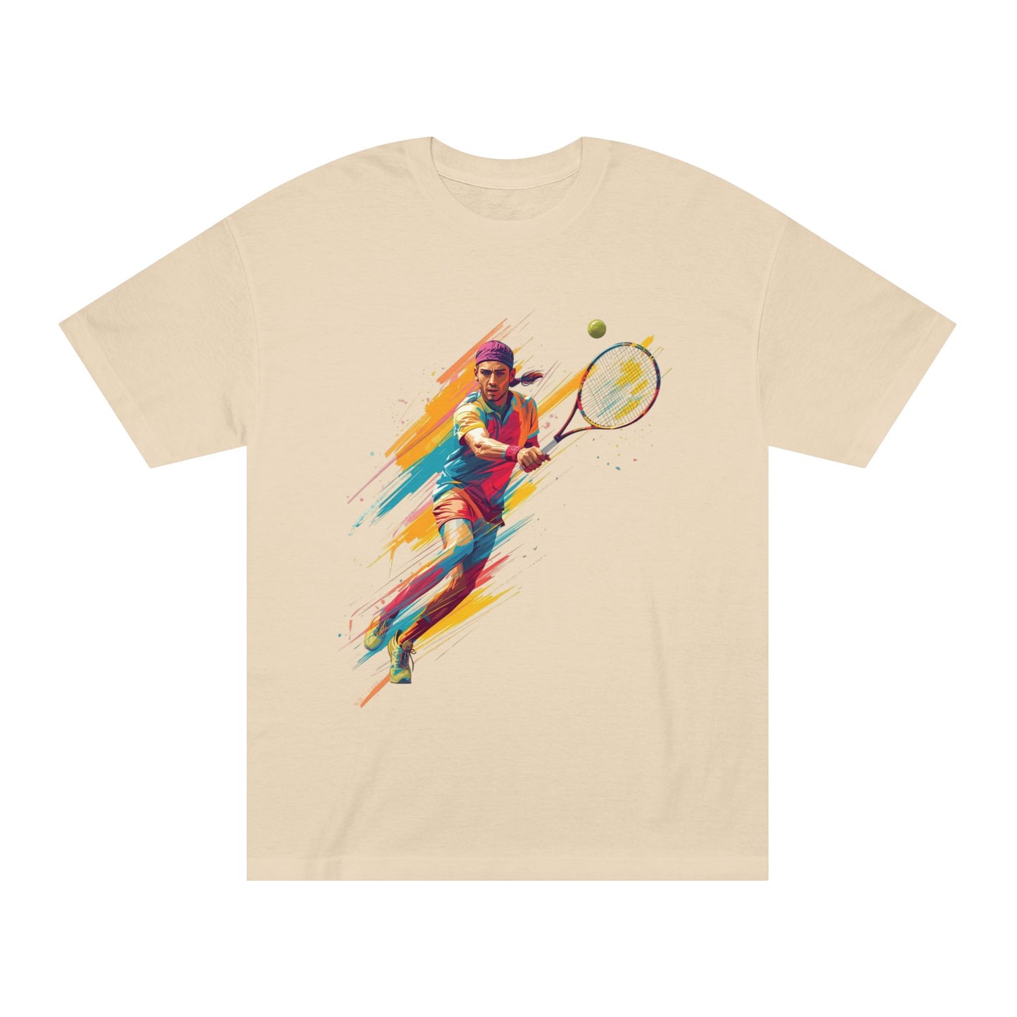 Tennis Player Graphic Tee — Colorful Action Racquet Design Shirt