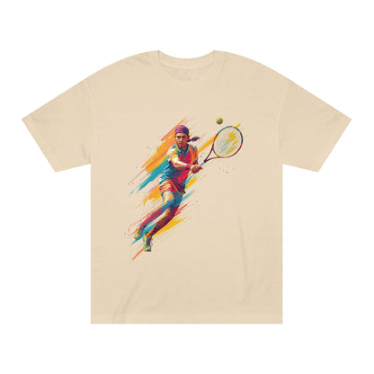 Tennis Player Graphic Tee — Colorful Action Racquet Design Shirt