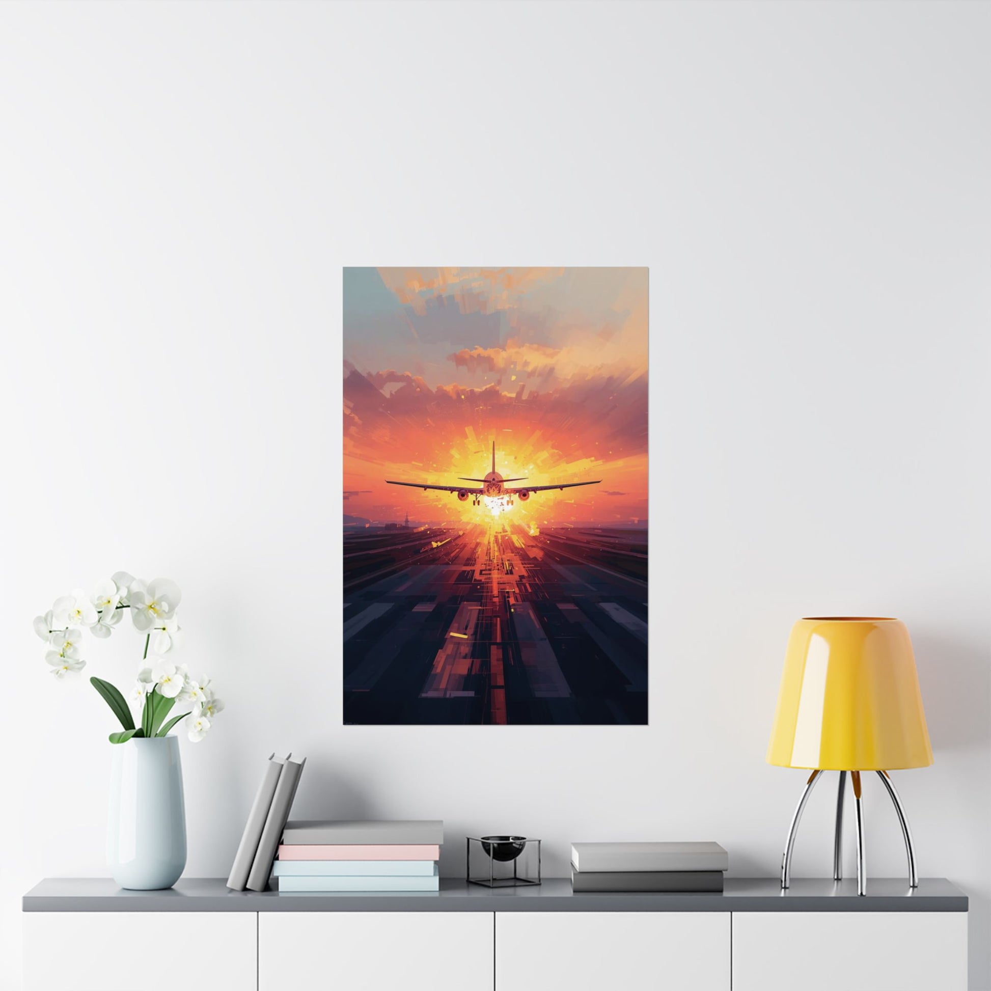 Poster of an airplane landing at sunset on a wall above a desk with decor items.