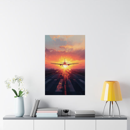 Poster of an airplane landing at sunset on a wall above a desk with decor items.