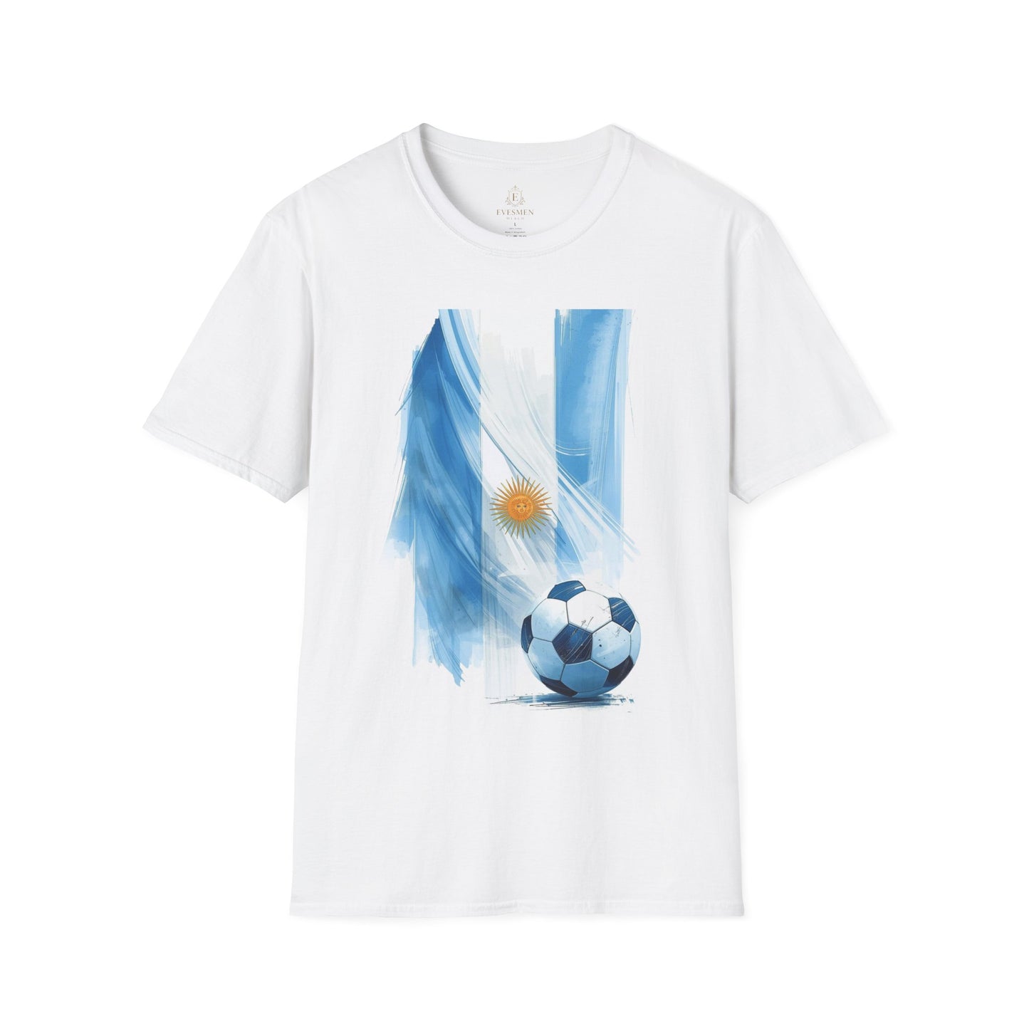 Argentina Flag Soccer T-Shirt — Watercolor Sun & Ball Design Tee