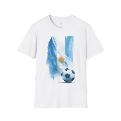 Argentina Flag Soccer T-Shirt — Watercolor Sun & Ball Design Tee