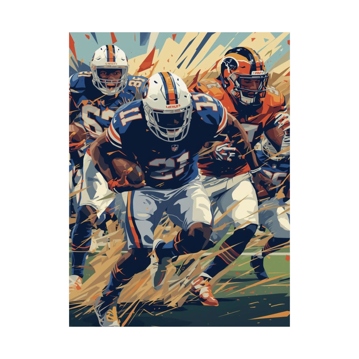 Artistic depiction of football players in action with dynamic background