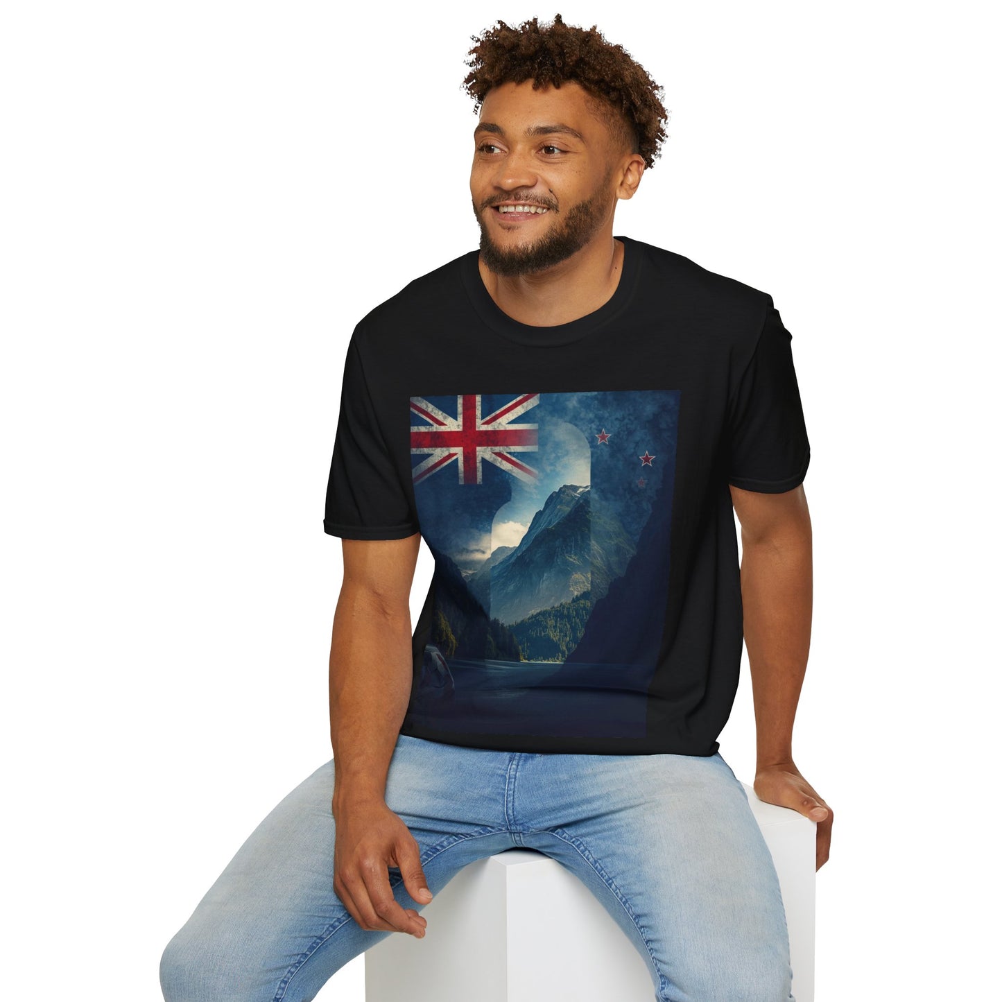 New Zealand Flag Mountain T-Shirt Cinematic Landscape Soccer Graphic Tee