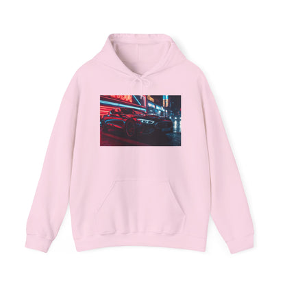 Pink hoodie with a graphic of a car under neon lights on a white background