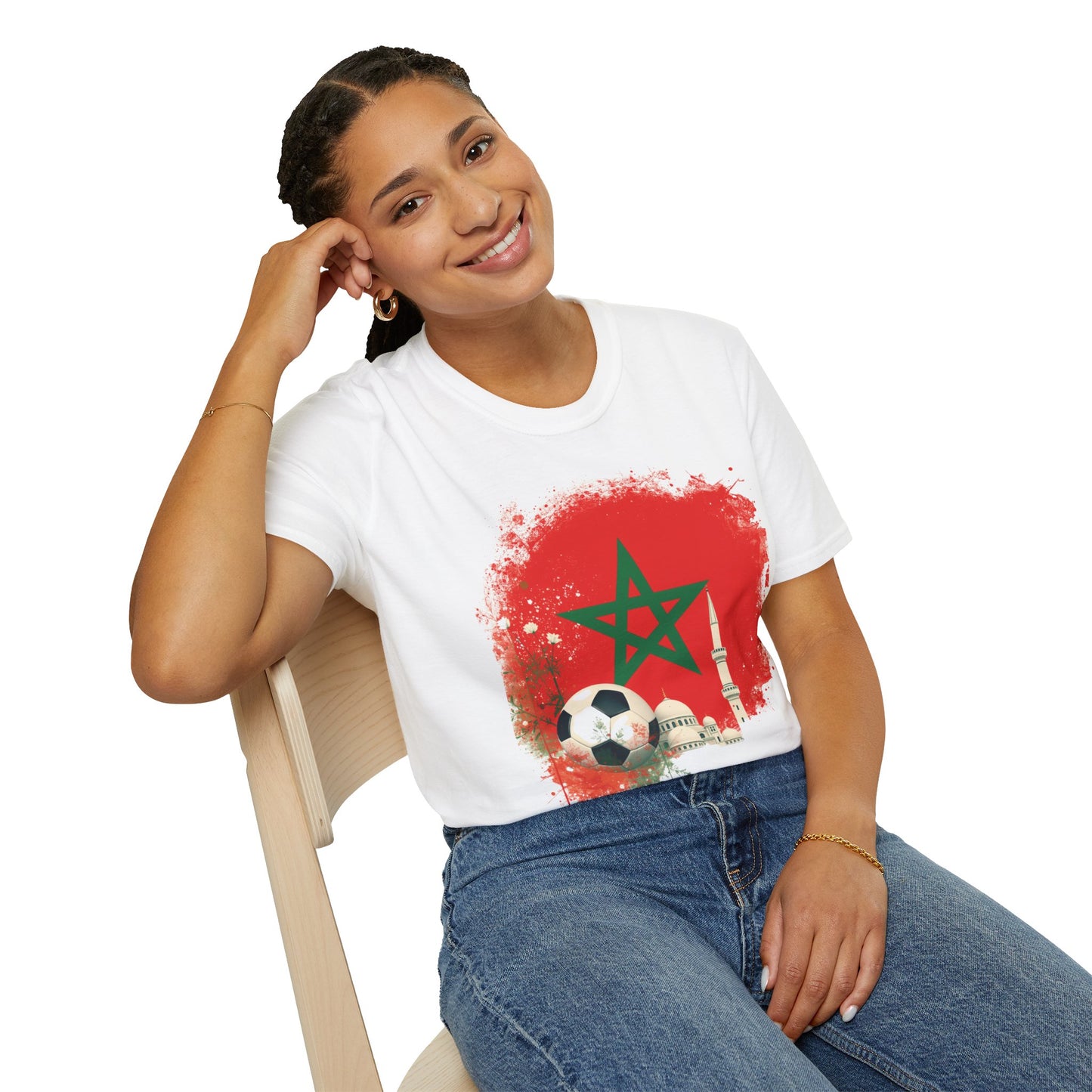 Morocco Soccer Fan T-Shirt — Moroccan Flag, Football & Mosque Graphic Tee