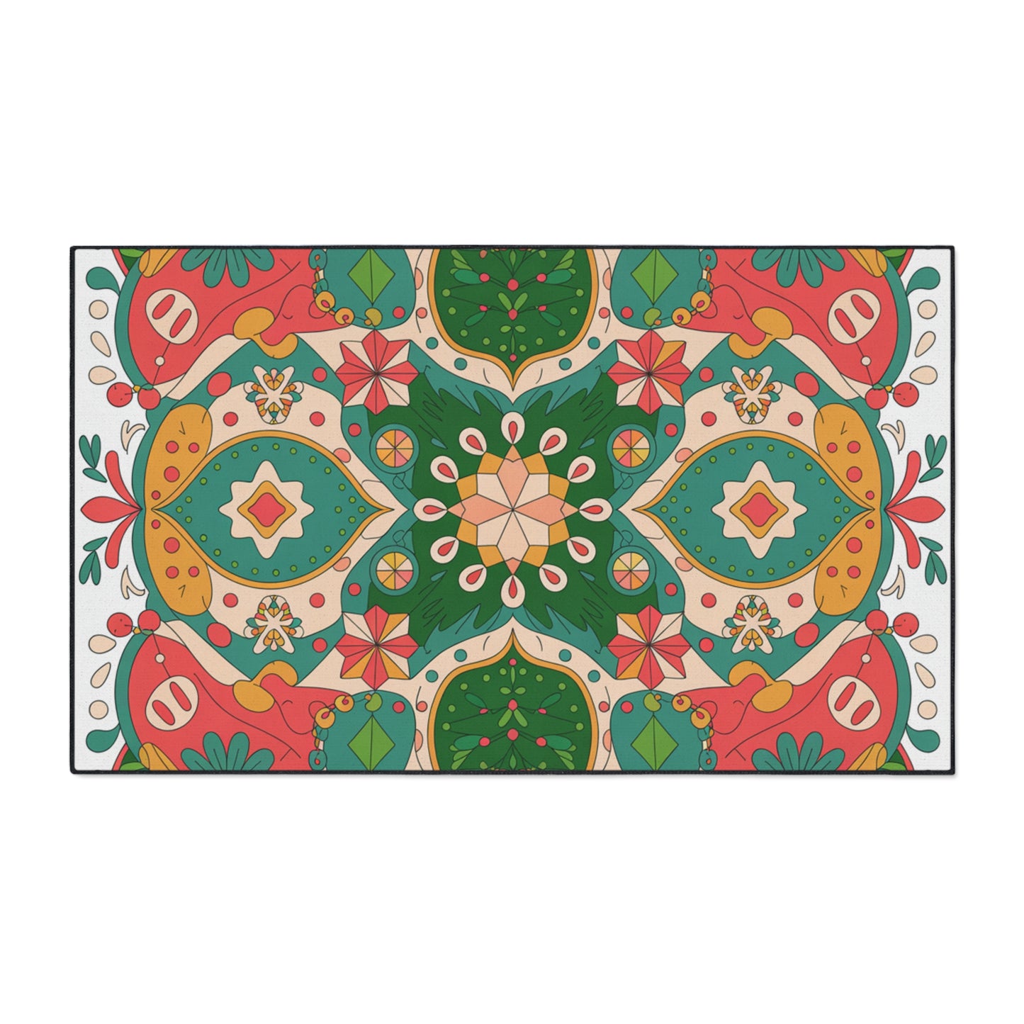 Colorful patterned rug with geometric design on a white background