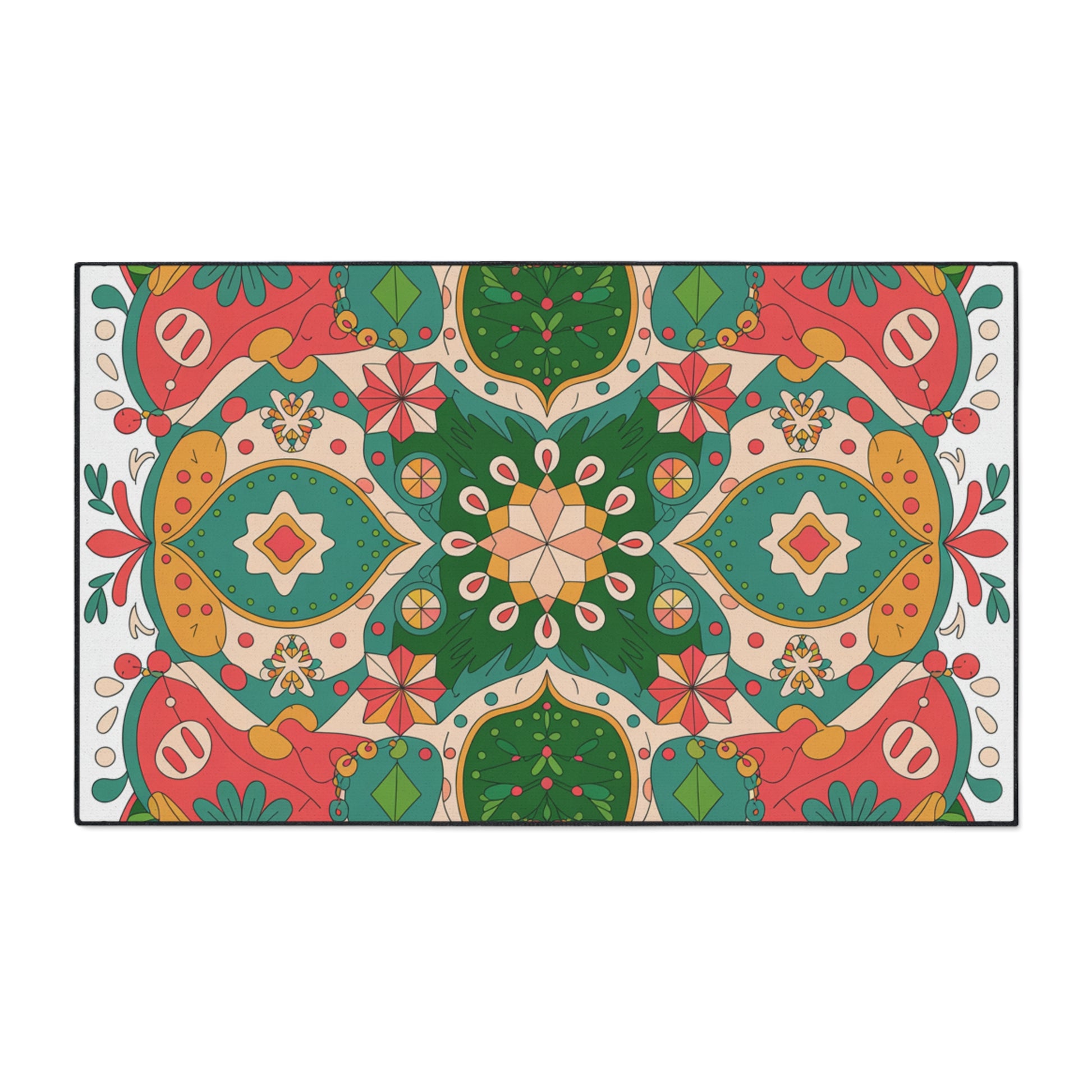 Colorful patterned rug with geometric design on a white background