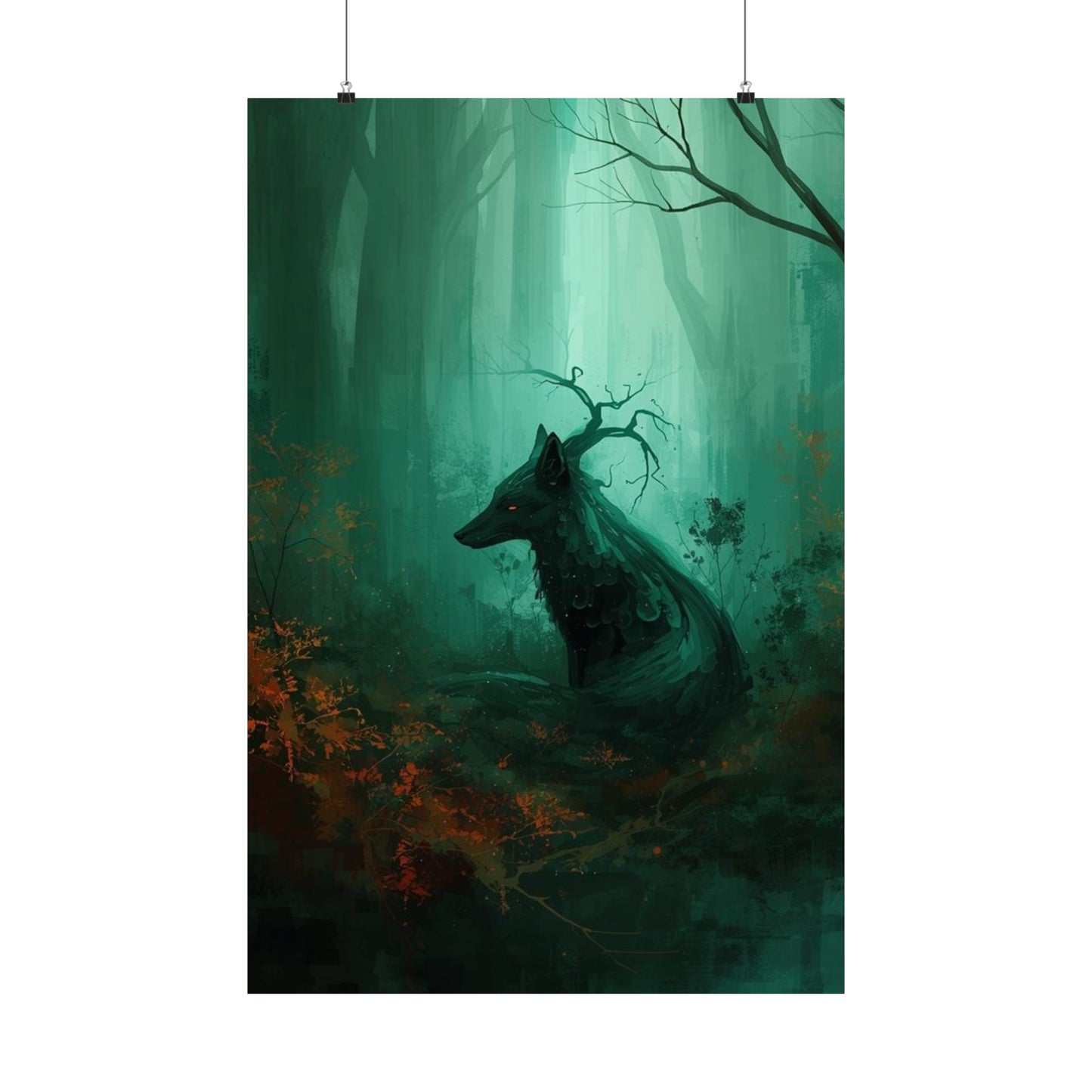 Mystic Forest Wolf Wall Art Poster | Dark Green Woodland Matte Print