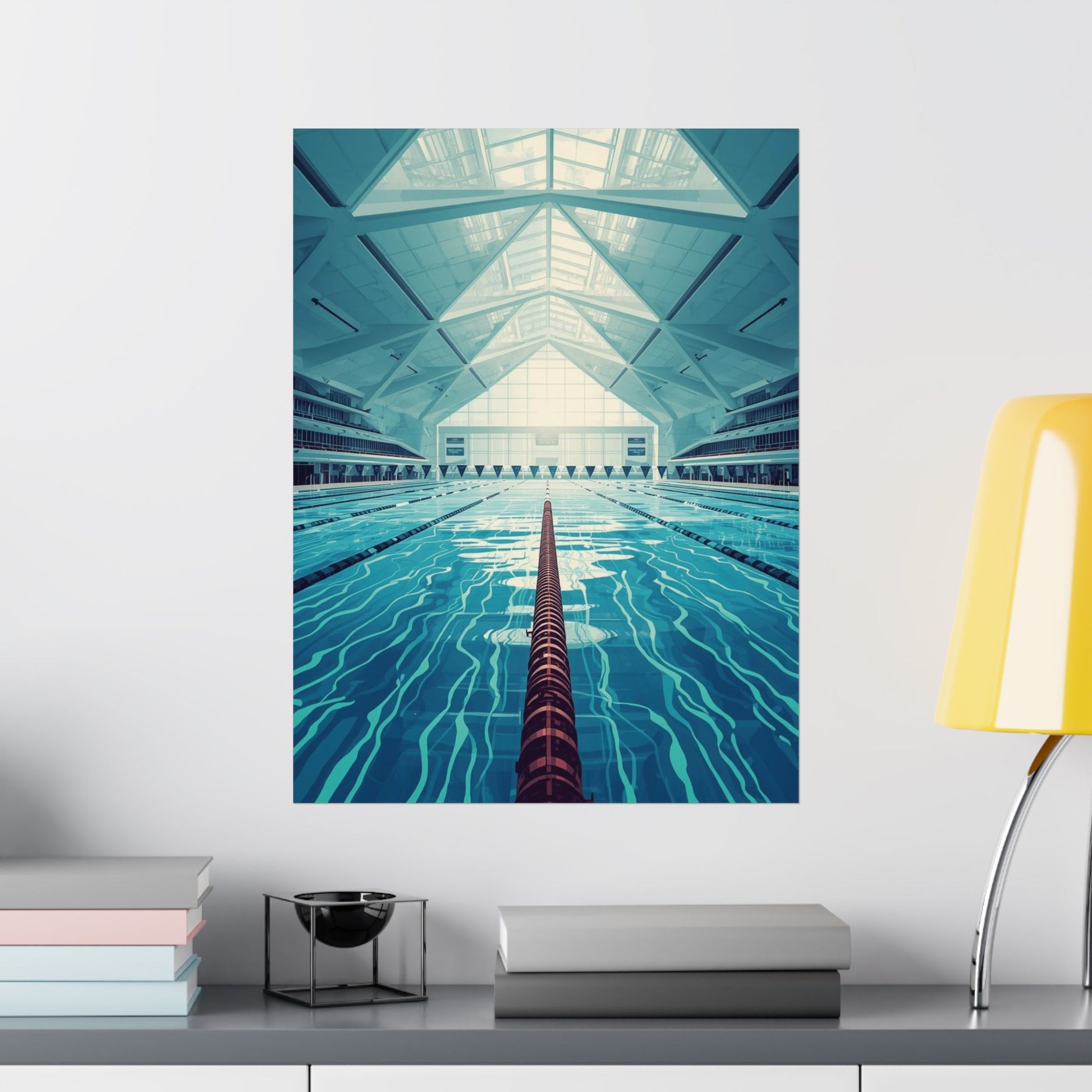 Framed art work of an indoor swimming pool on a wall above a shelf with decorative items.
