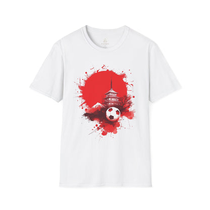 Japan Football T-Shirt with Rising Sun Splatter and Pagoda Design Tee