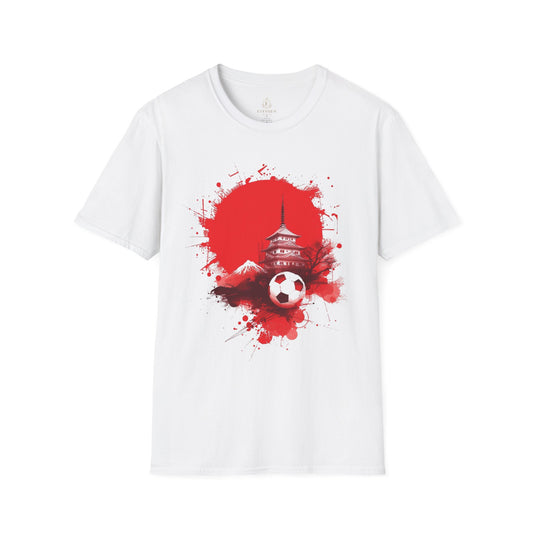 Japan Football T-Shirt with Rising Sun Splatter and Pagoda Design Tee