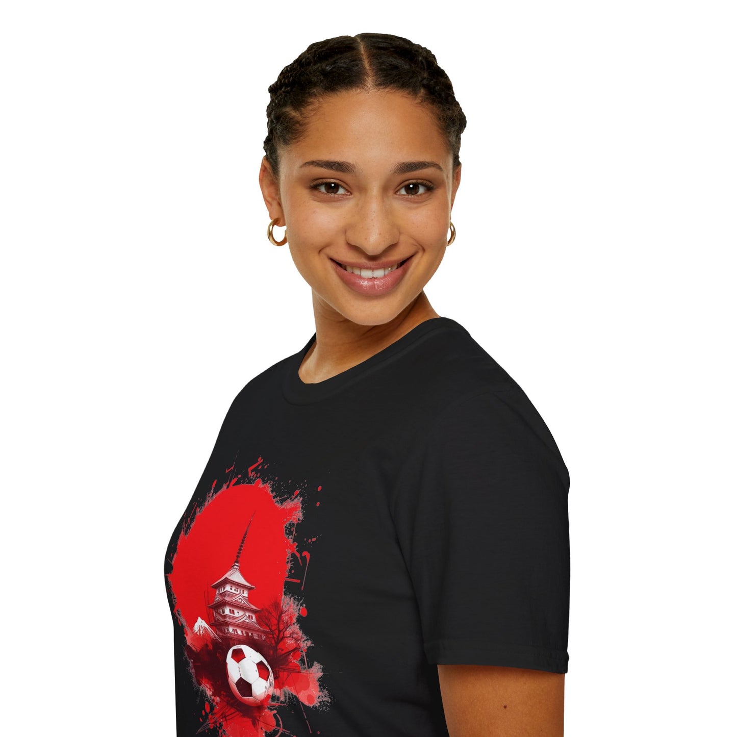 Japan Football T-Shirt with Rising Sun Splatter and Pagoda Design Tee