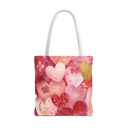 Heart Pattern Tote Bag — Pink Floral Valentine All-Over Print
