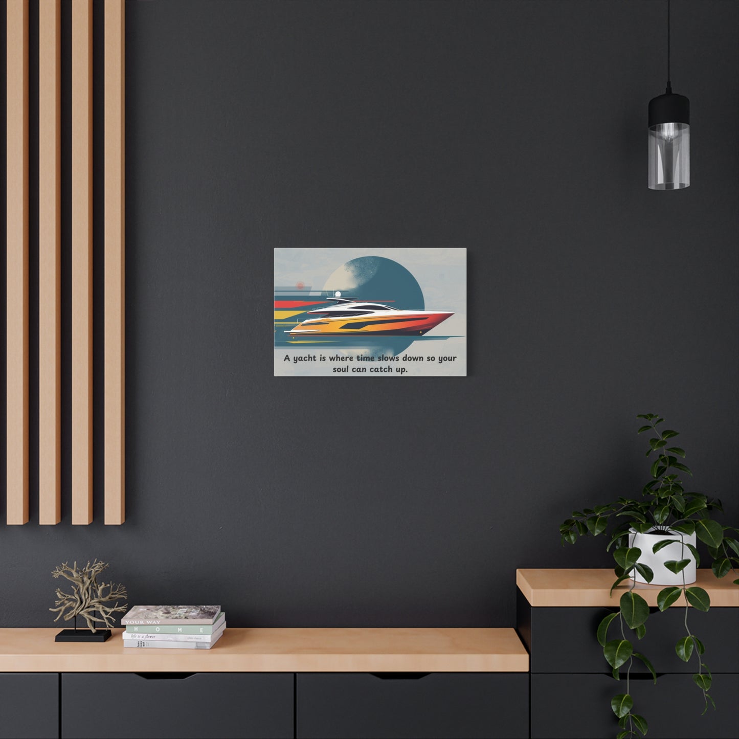 Canvas wall art of a Yacht on a dark wall with wooden shelves and decor.