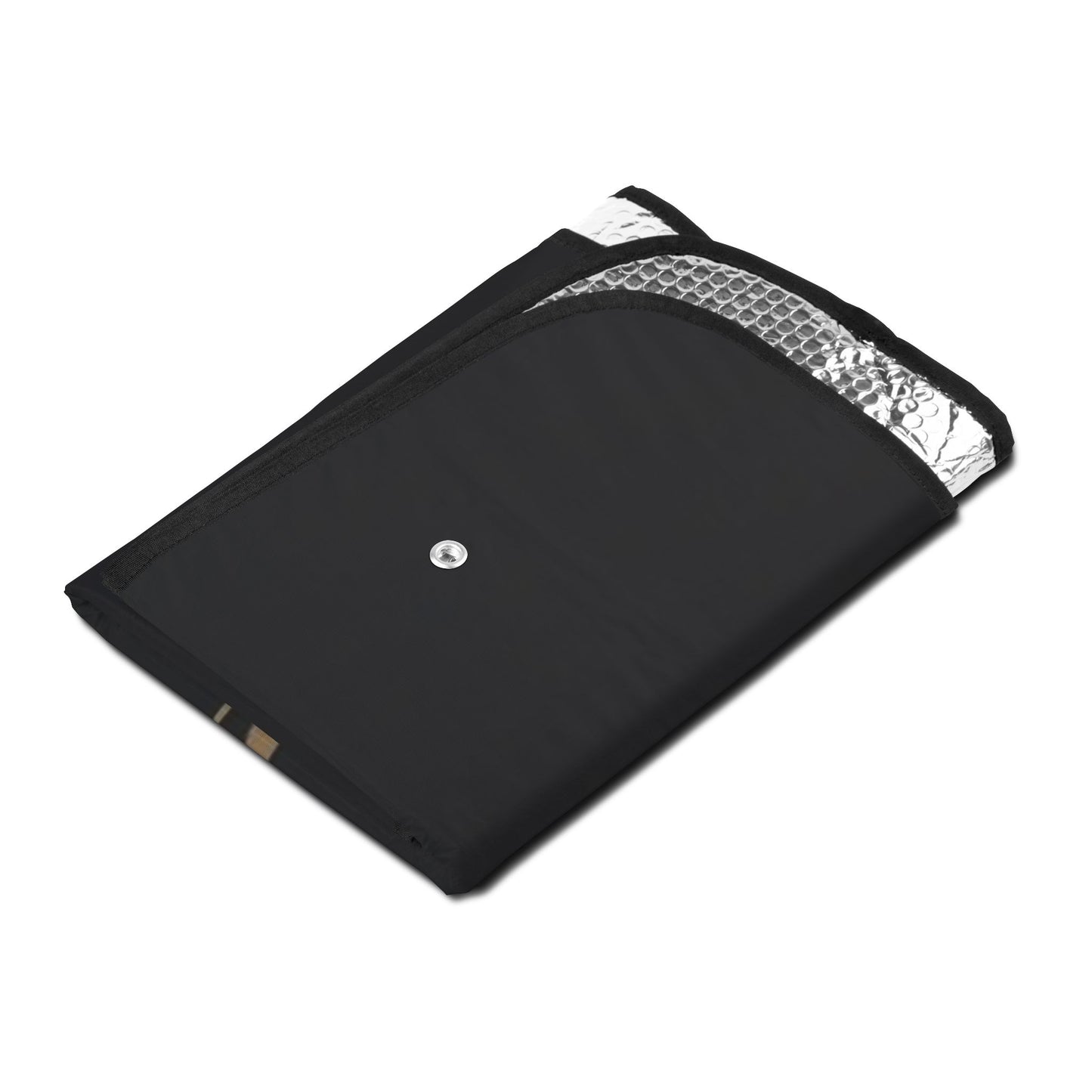 Black insulated bag with reflective lining on a white background