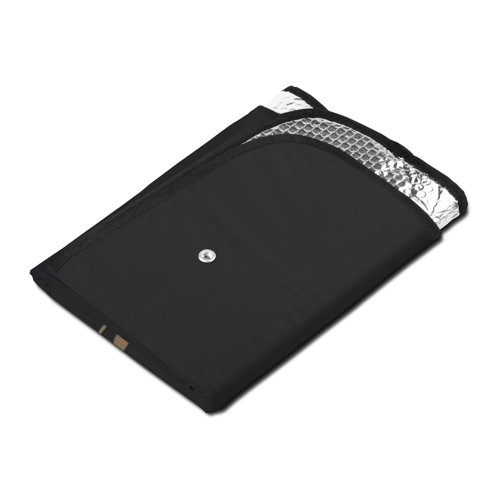 Black insulated bag with reflective lining on a white background