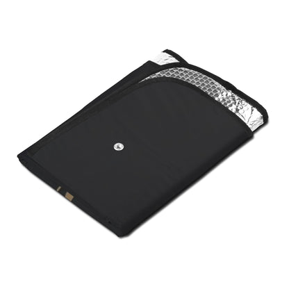 Black insulated bag with reflective lining on a white background