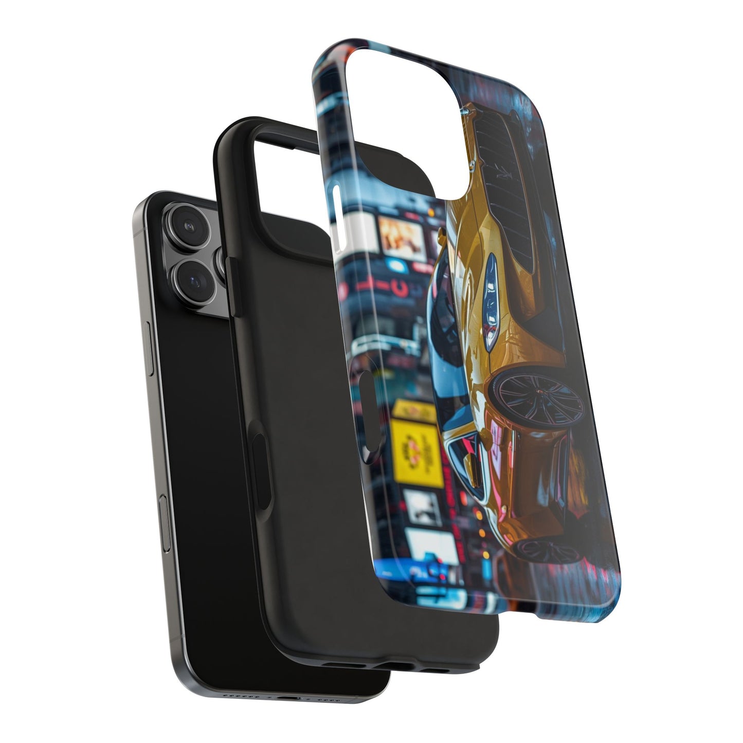 Phone case with a cityscape and car design on a white background