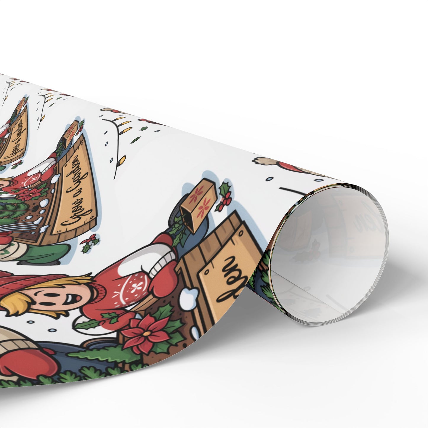 Roll of Christmas-themed wrapping paper on a white background.