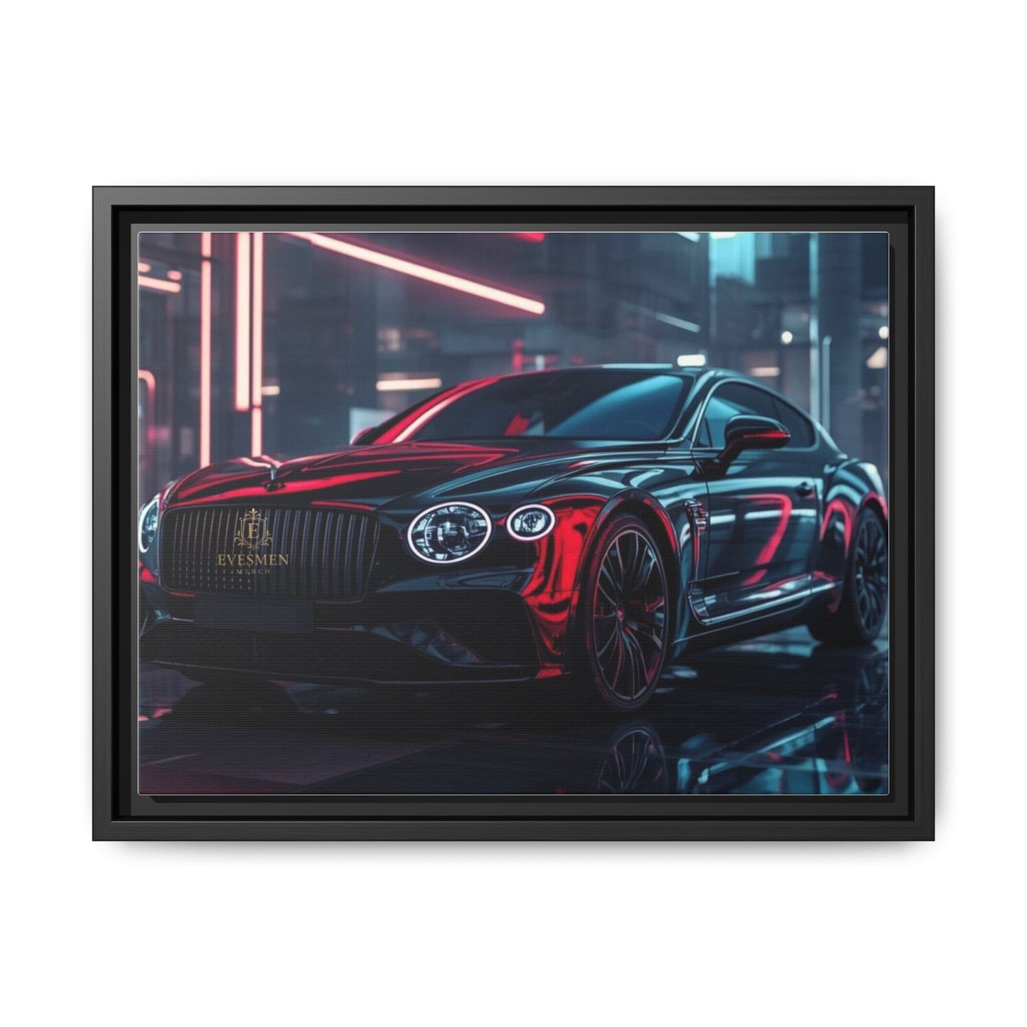 Framed Matte Canvas Print — Red Luxury Sports Car Neon City Wall Art