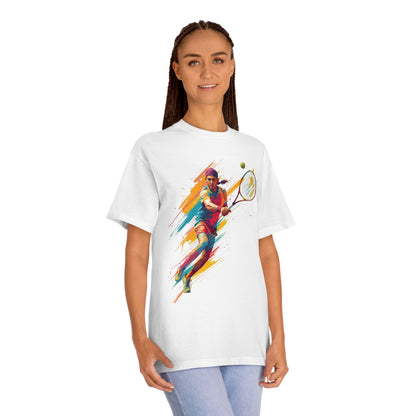 Tennis Player Graphic Tee — Colorful Action Racquet Design Shirt