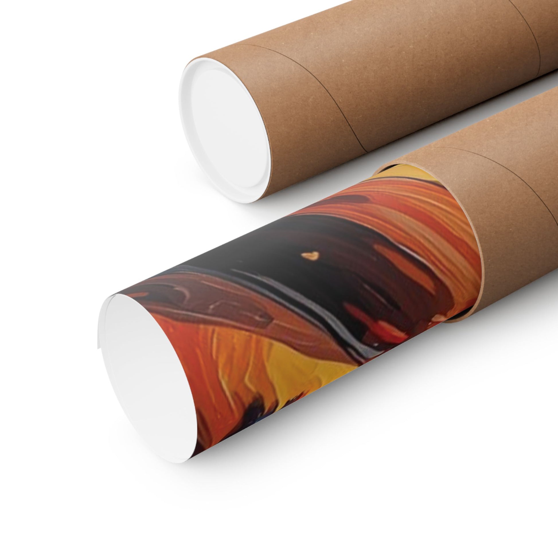 Two cardboard tubes with one featuring a colorful abstract design on a white background