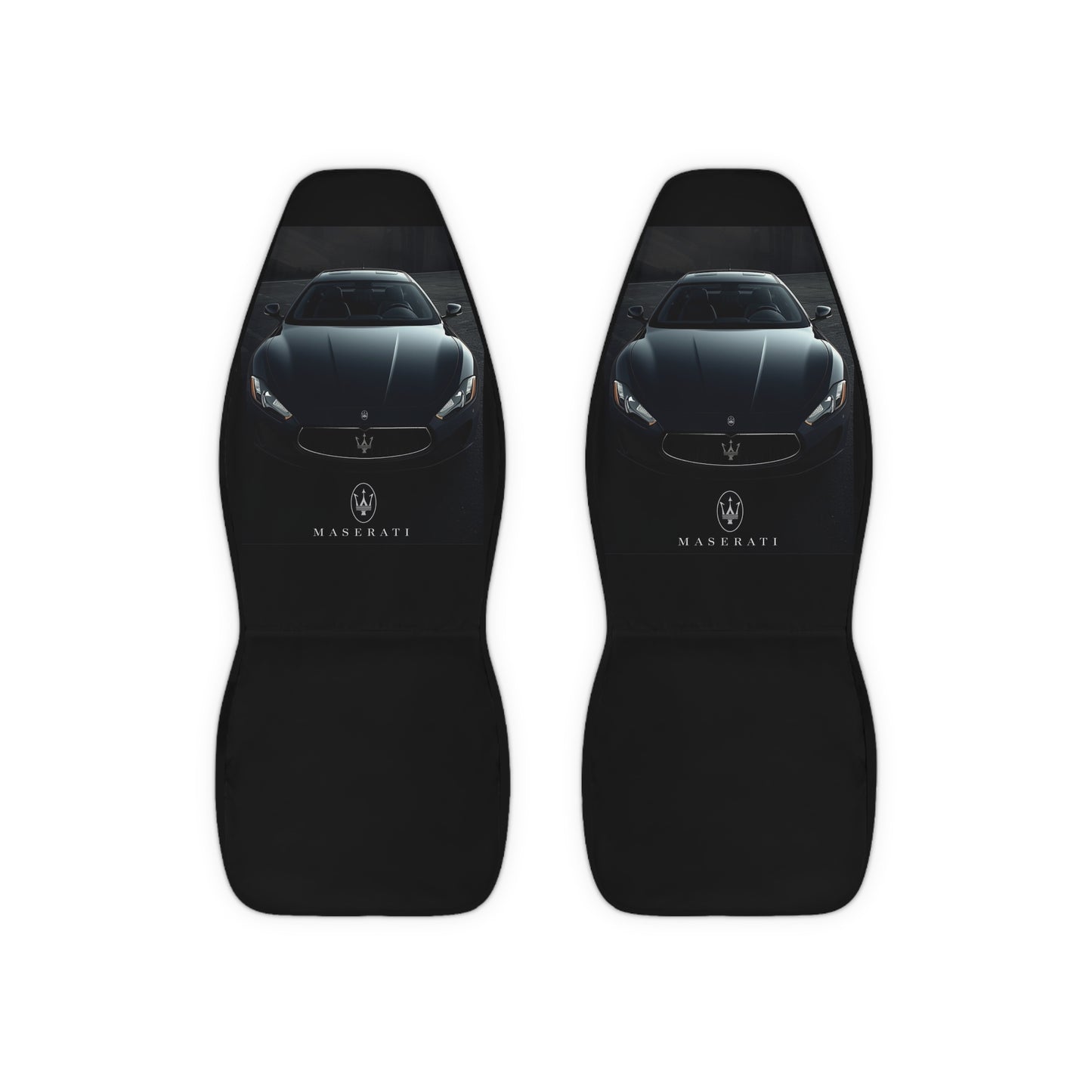 Two black car seat covers with Maserati logo on a white background