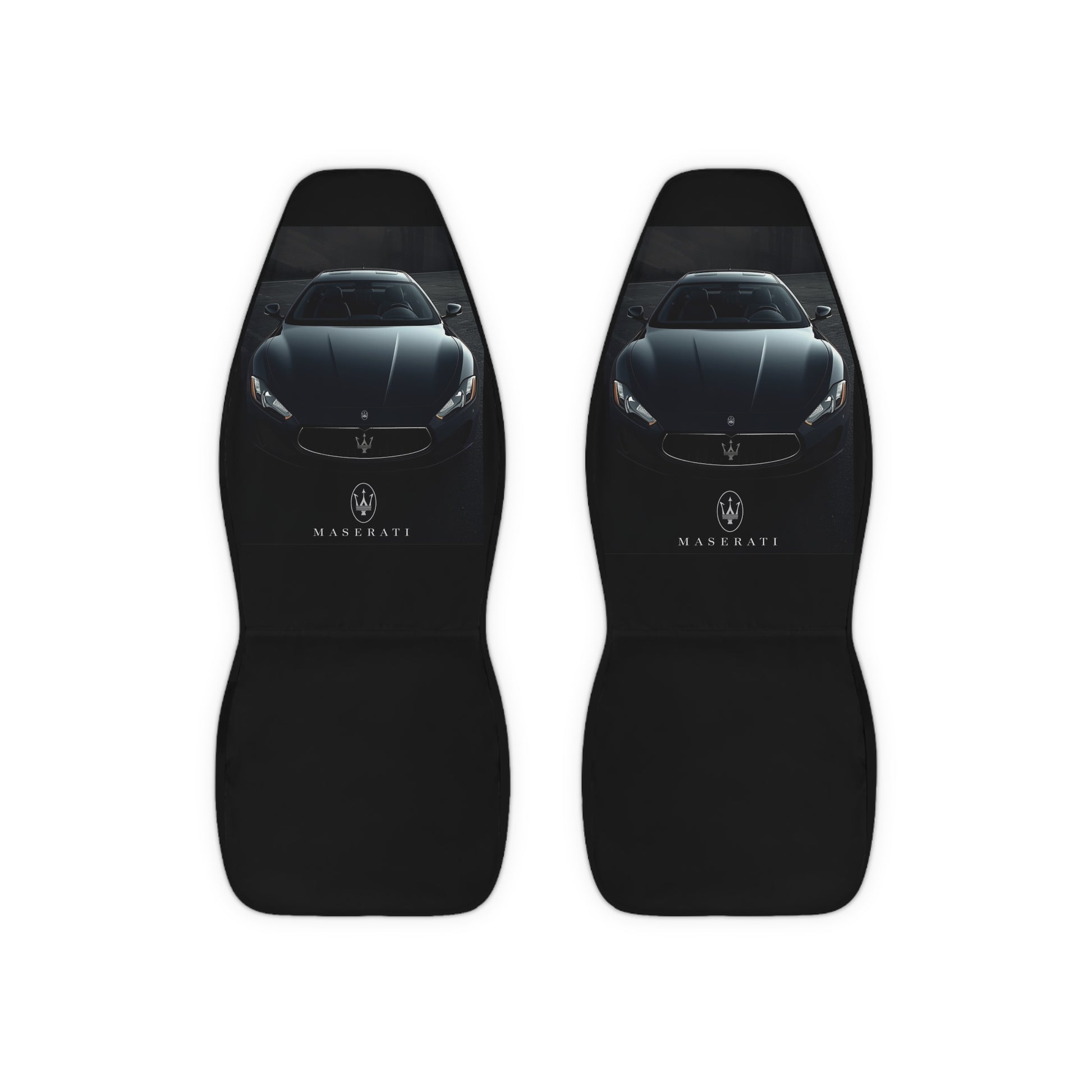 Two black car seat covers with Maserati logo on a white background