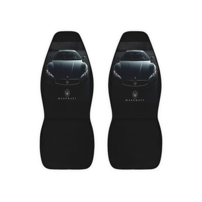 Two black car seat covers with Maserati logo on a white background