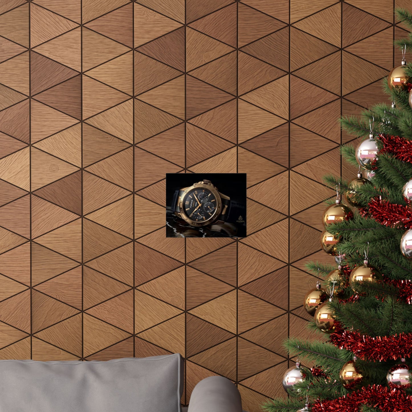 Decorative wall with geometric wood pattern, a Christmas tree with ornaments, and a poster of a black and gold luxury watch