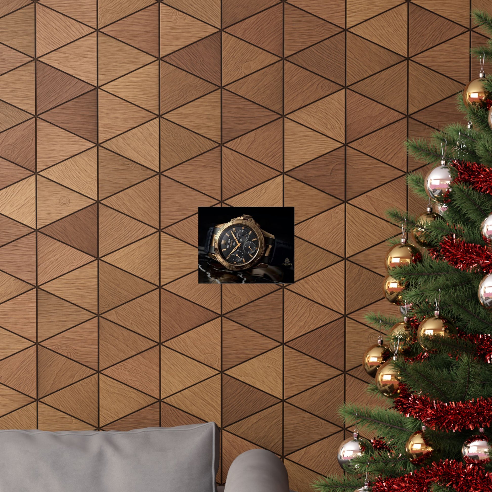 Decorative wall with geometric wood pattern, a Christmas tree with ornaments, and a poster of a black and gold luxury watch