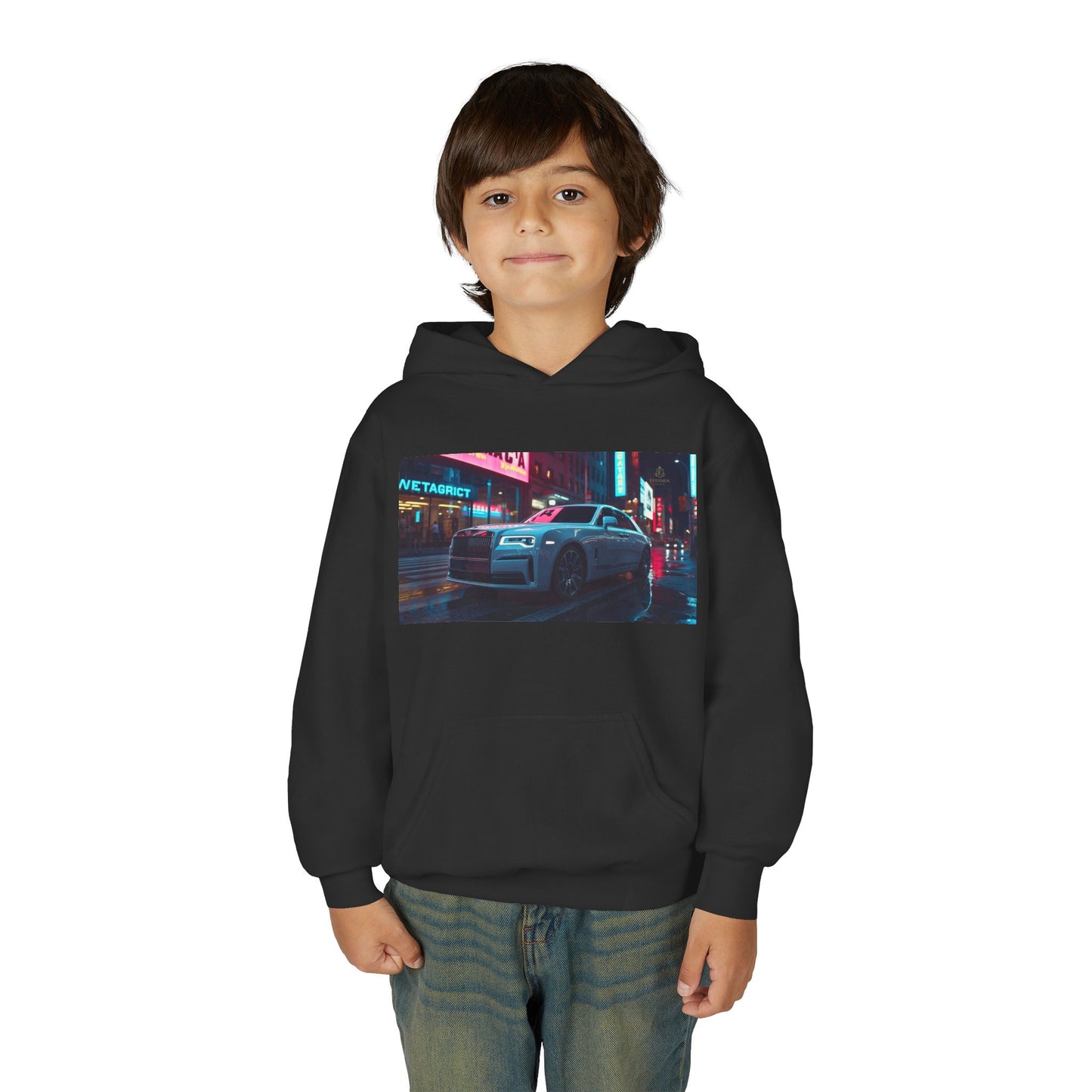 Child wearing a black hoodie with a car and neon lights design on a white background