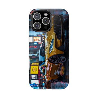 Phone case with a yellow car design on a colorful city street background