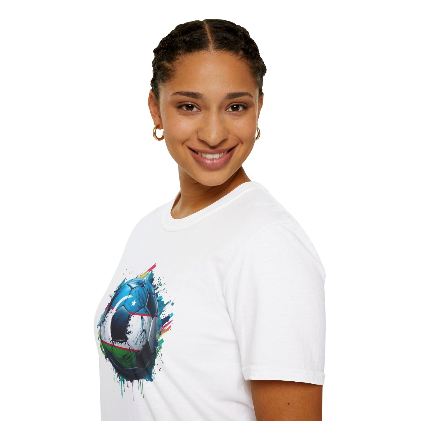 Uzbekistan Football Flag Splatter T-Shirt Abstract Crescent Moon Design Tee