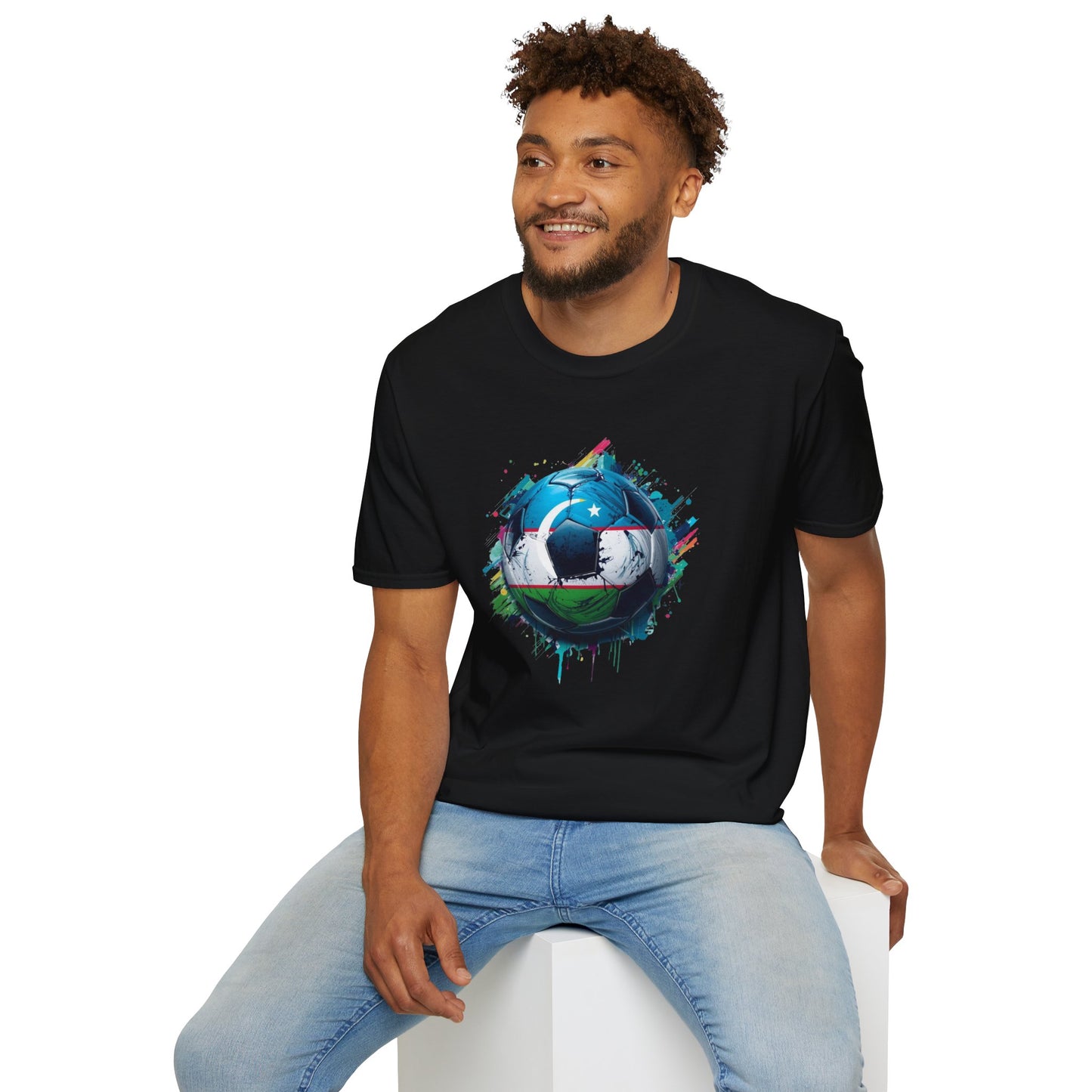 Uzbekistan Football Flag Splatter T-Shirt Abstract Crescent Moon Design Tee