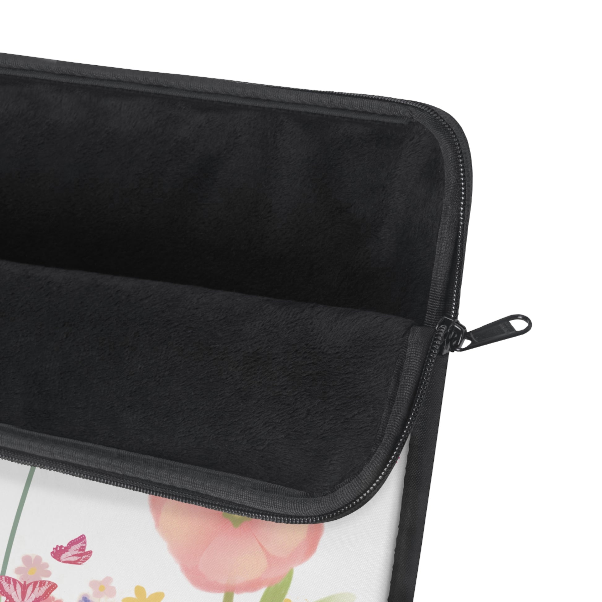 Black zippered pouch on a floral background