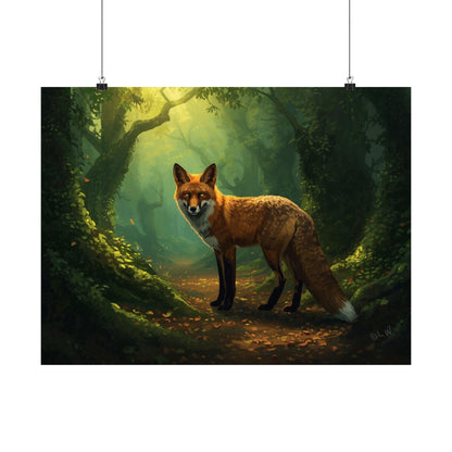 Fox in Enchanted Forest Wall Art Poster | Matte Horizontal Wildlife Print