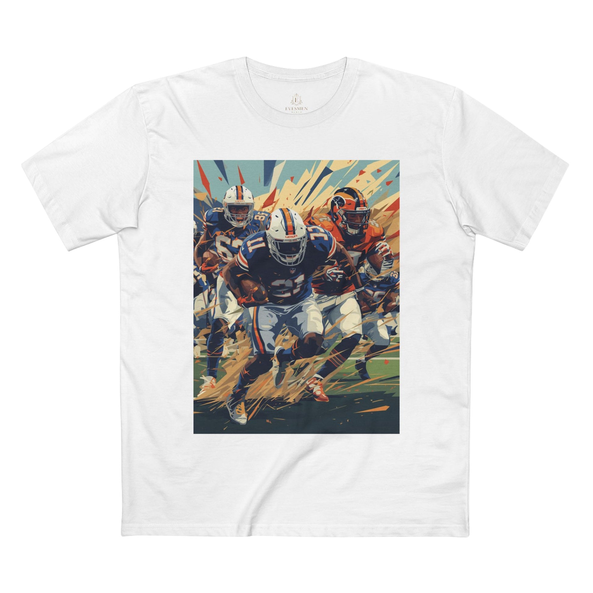 White t-shirt with a graphic of football players on a white background