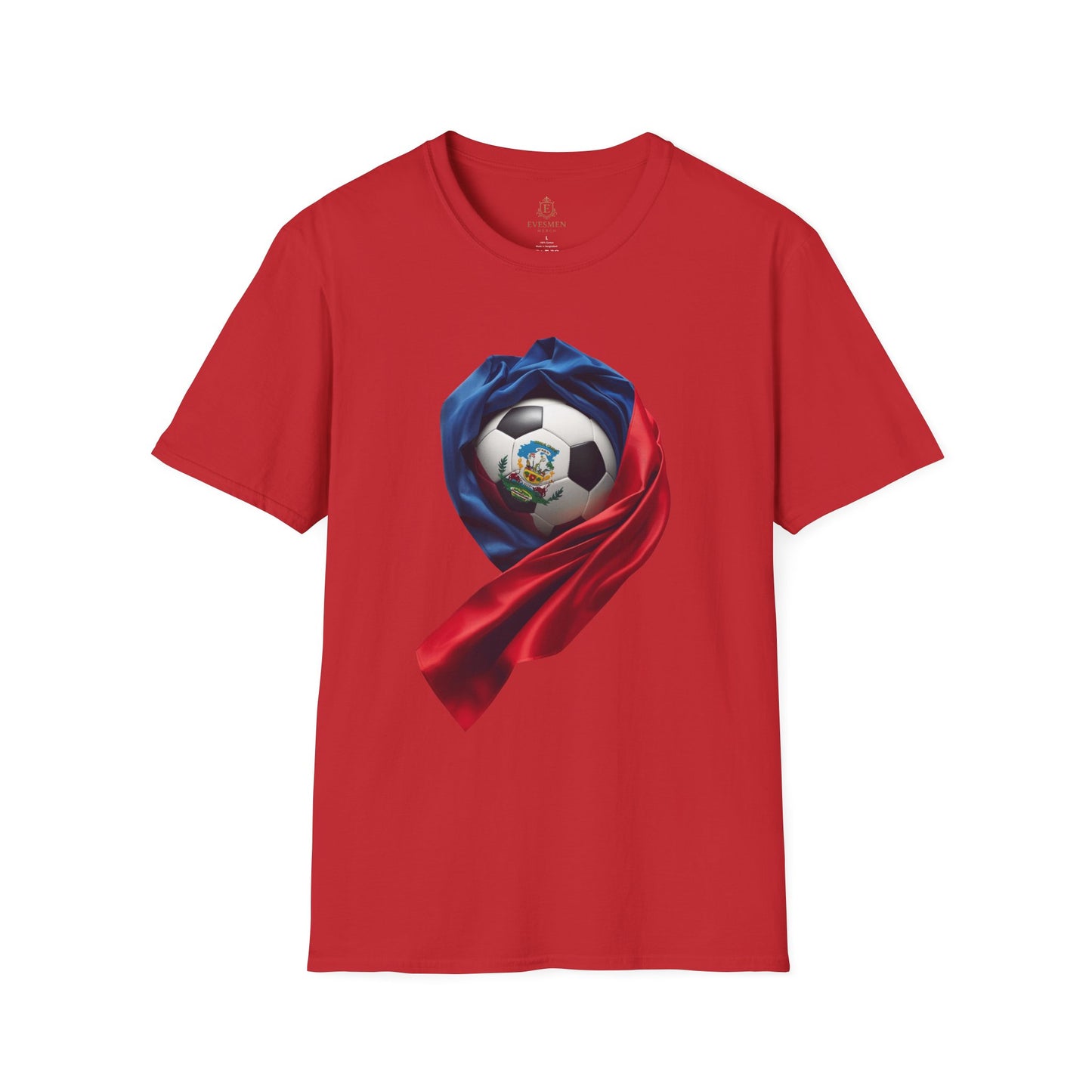 Haitian Soccer Ball T-shirt Enveloped in Flag Fabric with Coat of Arms Tee